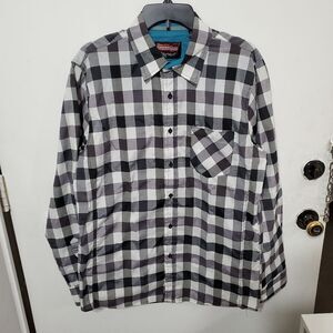 Men's Black & White Plaid Checkered Button Up Shirt Size Large L